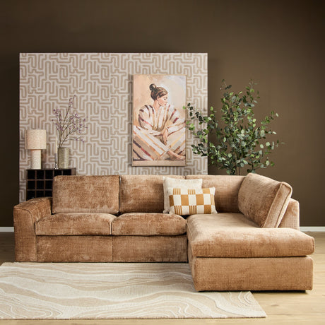 Kaneel teddy hoekbank 2,5-zits met chaise rechts, losse sierkussens