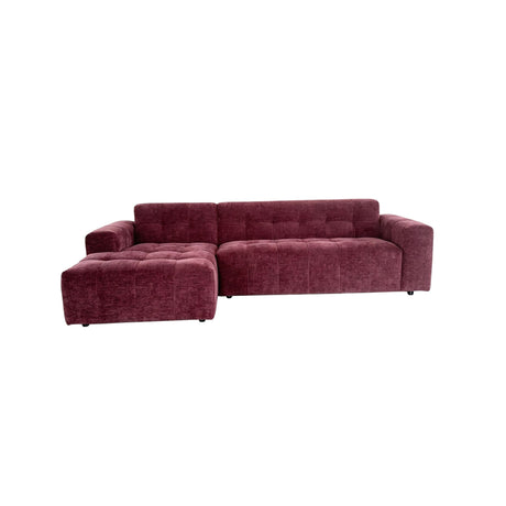 Paarse 2,5-zits hoekbank met chaise, velvet bekleding en vierkante kussens