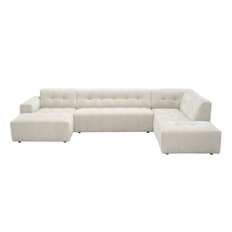 Beige U-bank lounge met ottoman-element rechts, gestoffeerd met knoopdetails