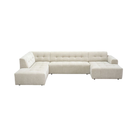 Beige U-bank met chaise aan de linkerkant, lage armleuningen en hoge rugkussens