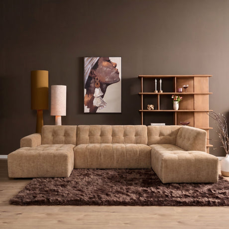 Camelkleurige U-bank loungesofa met ottoman rechts en verhoogde zitting
