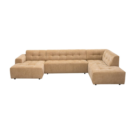 Camelkleurige U-bank loungesofa met diepe zitting en chaise-onderdeel rechts
