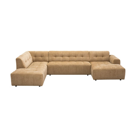 Camelkleurige L-hoekbank met chaise links, gestoffeerde zits met lage armleuningen