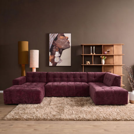 Donkerpaarse hoekbank met chaise en ottoman rechts, stoffering met knopen