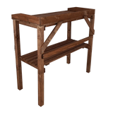Bruine houten oppottafel met schuine siersteun en middelste plank.