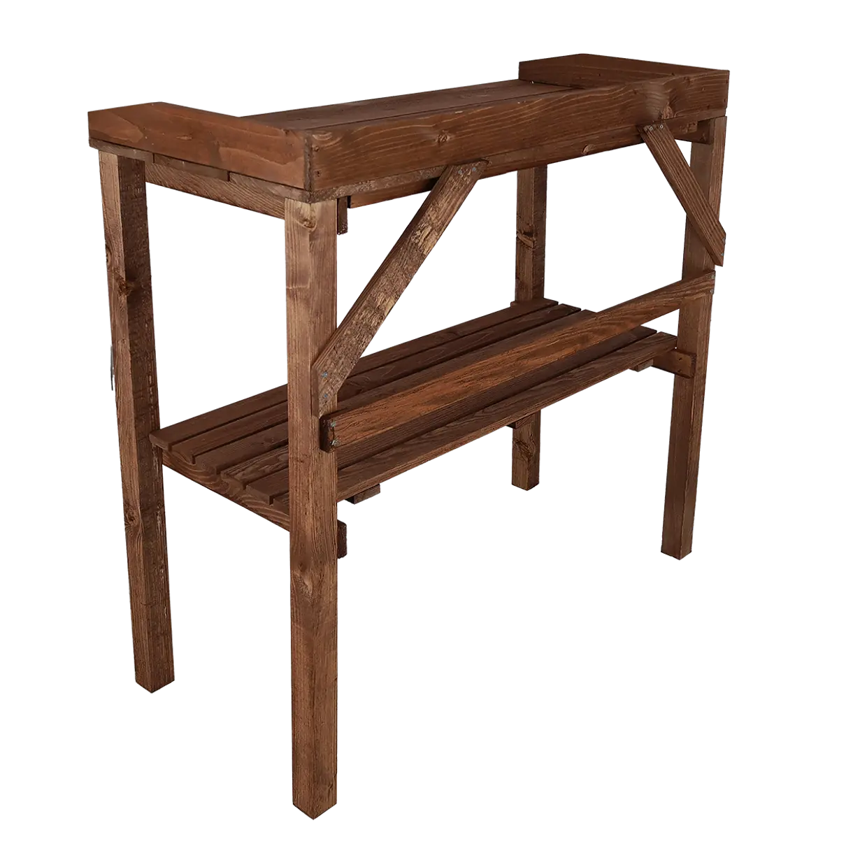 Bruine houten oppottafel met schuine siersteun en middelste plank.