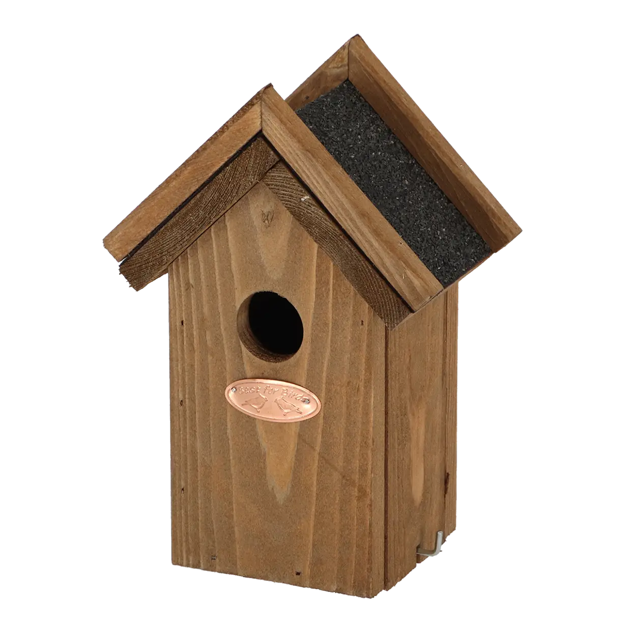 Houten vogelhuisje met rond invlieggat en zwart bitumen dak