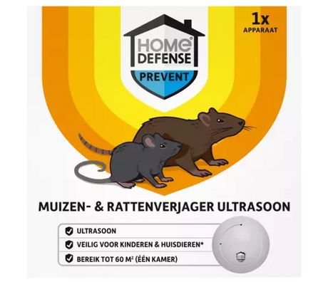 Ultrasone muizen- en rattenverjager van HOME DEFENSE® in verpakking