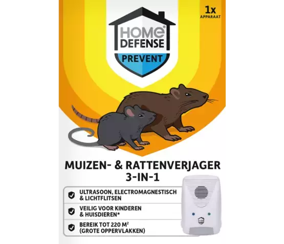 Muizen- en rattenverjager HOME DEFENSE® verpakking met muizen- en rattenillustraties