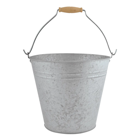 Zinken emmer 9,5 liter met metalen hanggrepen en houten bovenrand, grijs