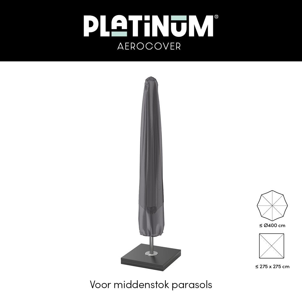 Parasolhoes in donkergrijs voor middenpaal-parasols, met maatindicatie tot Ø400 cm
