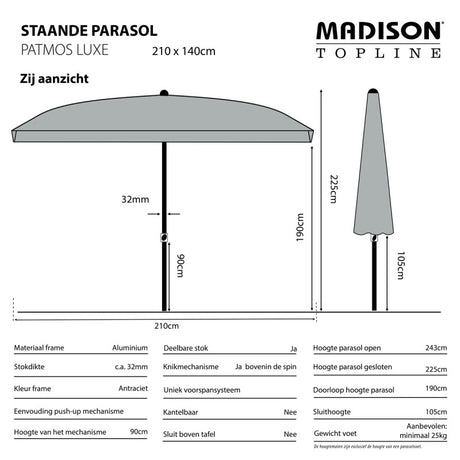 Madison - Parasol Patmos luxe 210x140 PE grey
