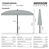 Taupekleurige parasol op staander, zijaanzicht met afmetingen.