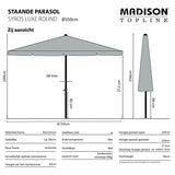 Ronde parasol, zijaanzicht met schermdoek en centrale paal; Ø350 cm, 245 cm