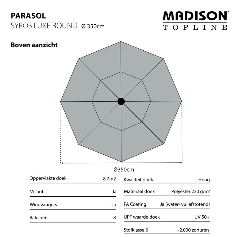 Rond parasoldoek bovenaanzicht met segmenten en centrale knop; Ø350 cm