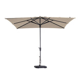 Vierkante parasol met ecru doek en zwarte kruisspanten, middenpaal.
