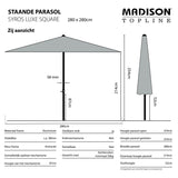 Vierkante parasol zijaanzicht met ecru doek en centrale paal, afmetingenweergave.