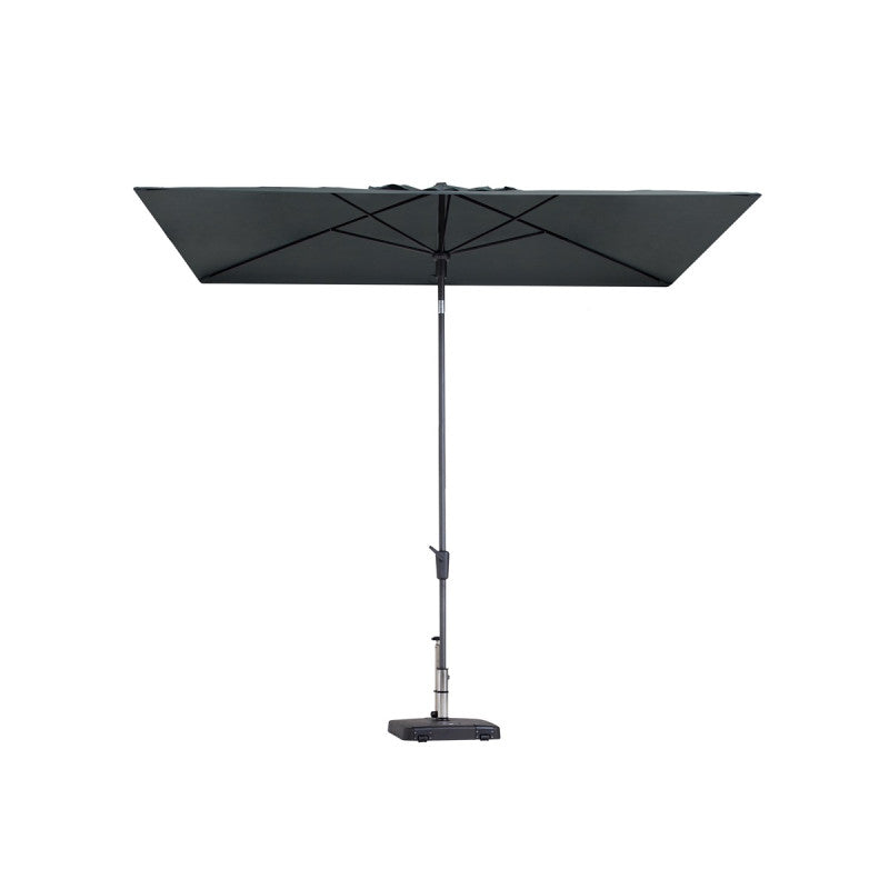 Grote grijze parasol met open doek en centrale paal op voet