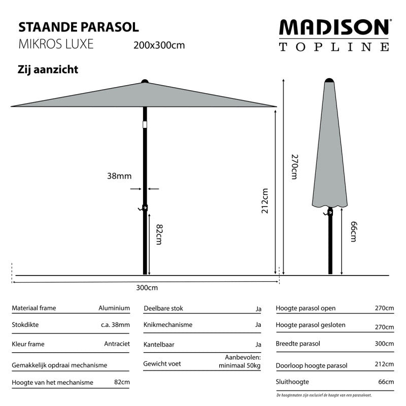 Staande parasol in taupe met open vierkantige doek en stevige middenpaal.