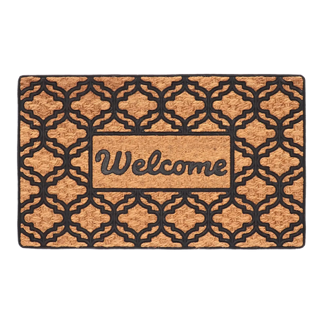 Kokosdeurmat met 'Welcome' en sierlijk patroon in kokos en zwart