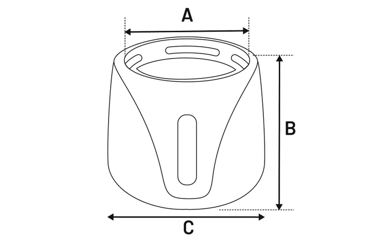 Technische schets van witte drinkfontein met afmetingen A, B en C