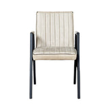 Eetkamerstoel met armleuning, beige gestoffeerde zitting en rugleuning met verticale stiksels, zwart frame.