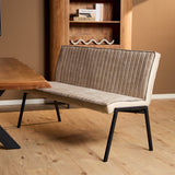 Beige gestoffeerde eetkamerbank met hoge rug en ribbels, zwarte poten