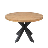 Ronde eettafel met houten blad en zwart metalen kruis onderstel