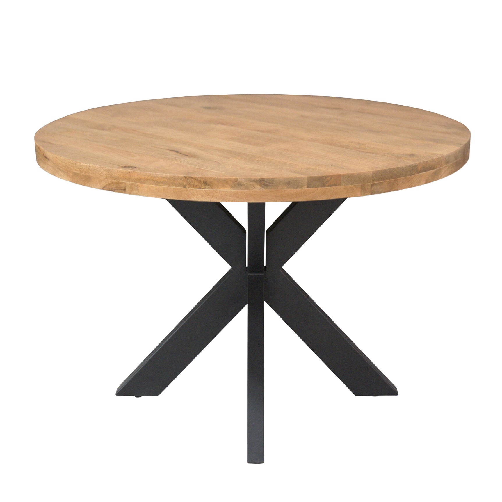 Ronde eettafel Dakota met licht houten blad en zwart metalen X-poten