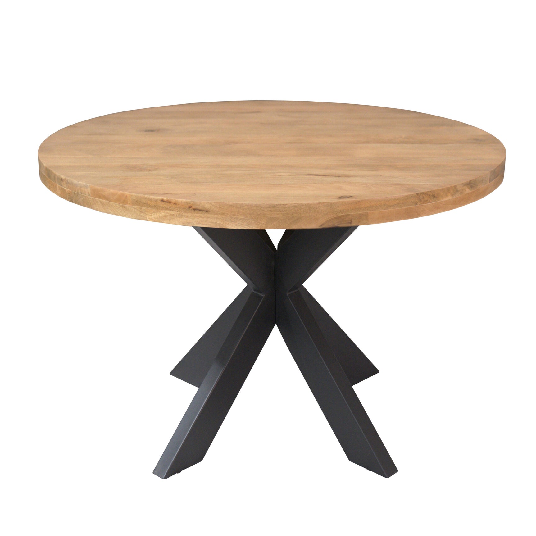 Ronde eettafel Dakota met rond licht houten tafelblad en zwarte driehoekpoten