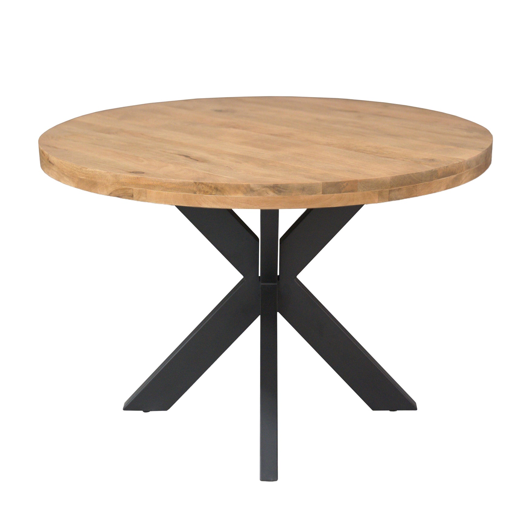 Ronde eettafel met licht eikenhouten blad en zwarte kruispoten