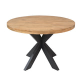 Ronde eettafel met houten tafelblad en brede zwarte X-poten