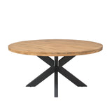 Ronde eettafel met licht houten blad en zwarte metalen kruispoot, 150 cm