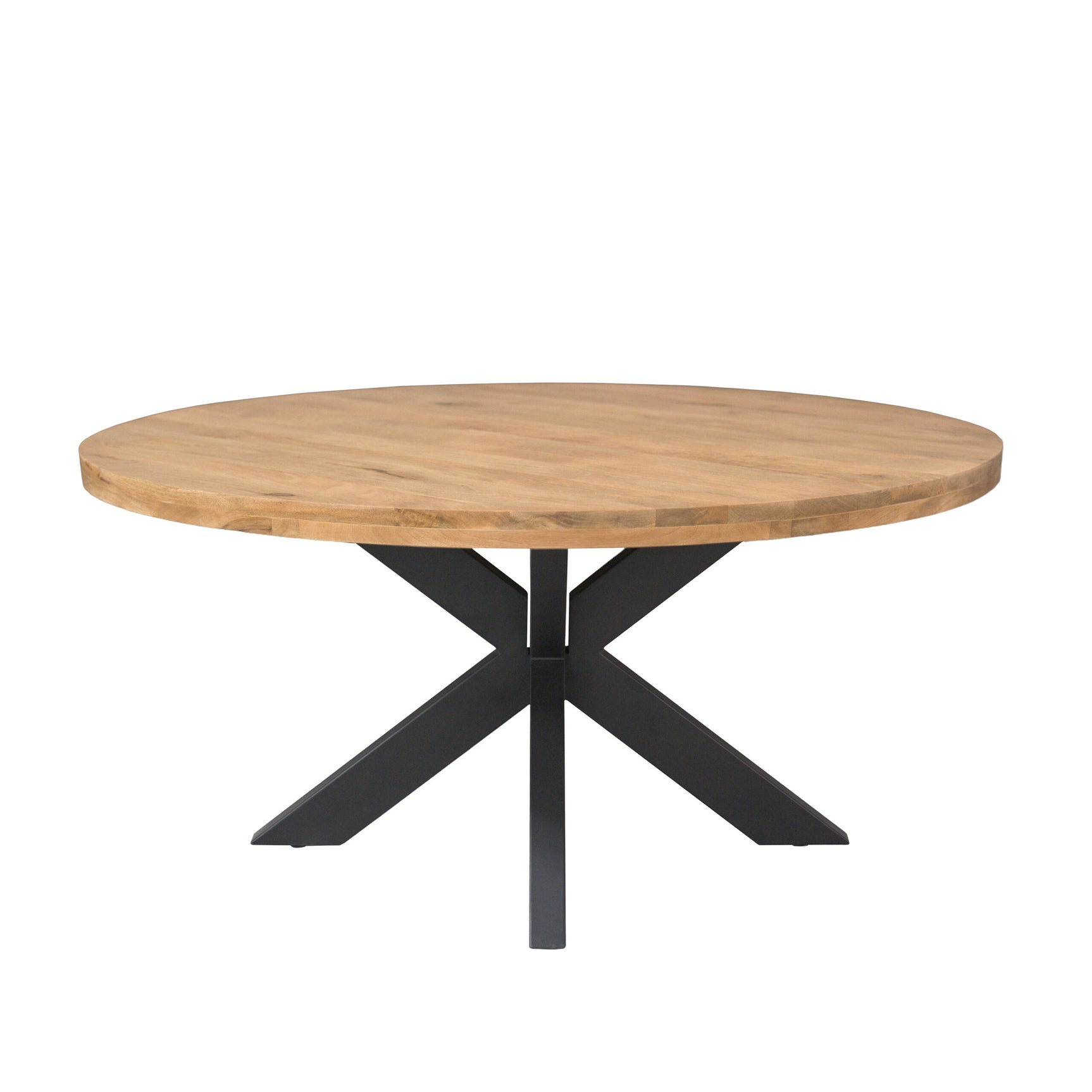 Ronde eettafel met licht houten blad en zwarte metalen X-poten