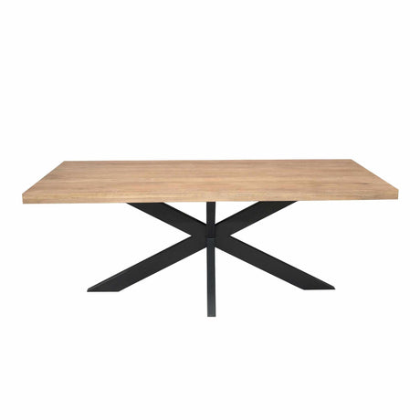 Rechthoekige eettafel met licht houten blad en zwarte kruisvormige poot