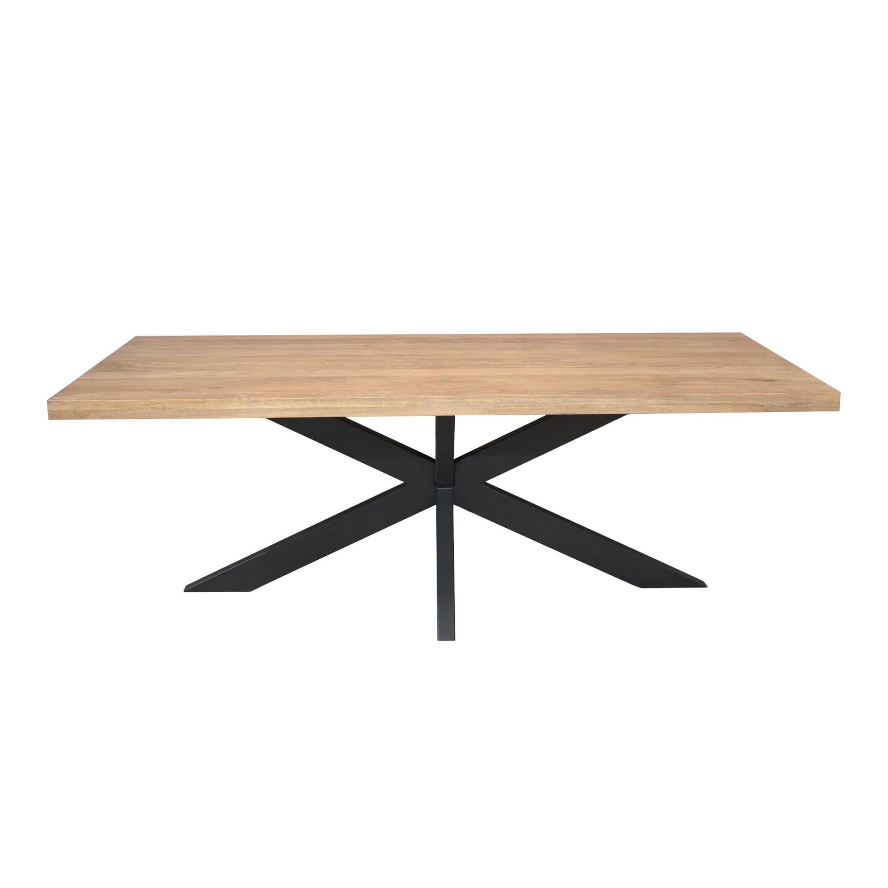 Rechthoekige eettafel met licht houten blad en zwarte kruispoot onderstel.