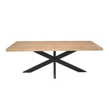 Rechthoekige eettafel met licht houten blad en zwart onderstel met kruispoot.