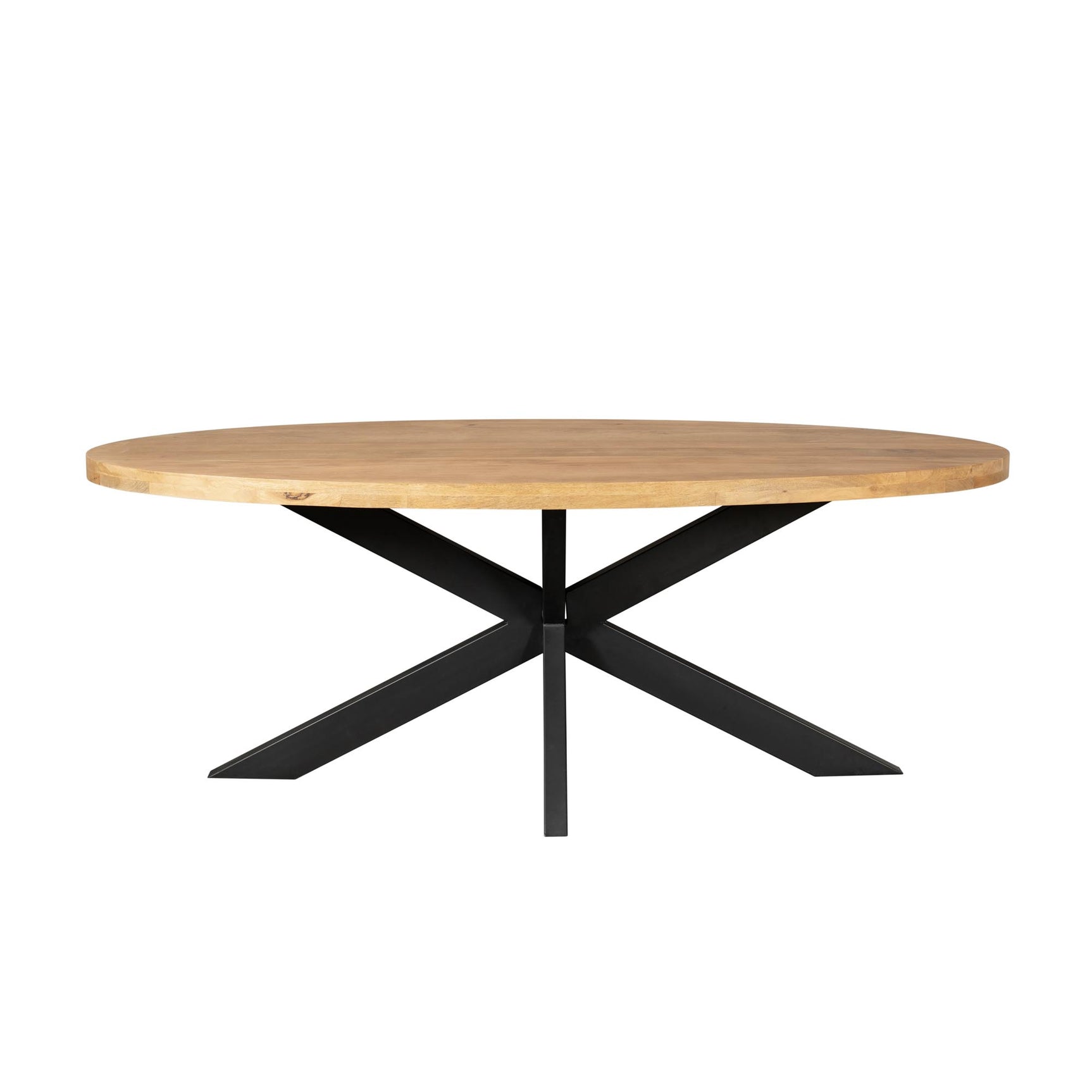Ovale eettafel met houten blad en zwarte kruisvormige metalen poten