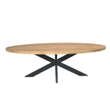 Ovale houten eettafel met zwart metalen onderstel in kruispootvorm
