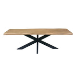 Eettafel met langwerpig houten blad en zwart stalen kruispootframe