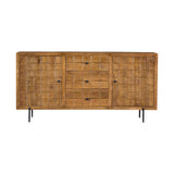 Dressoir met twee deuren en centrale lade, eikenkleurig hout, zwarte pootjes.