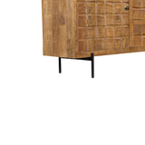 Dressoirzijde met vaktextuur en zwarte poot, eikenkleurig hout.