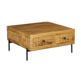 Houten salontafel met twee laden en zwarte poten, boven- en zijkant