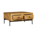 Houten salontafel met twee laden en zwarte poten, zijaanzicht