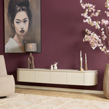 Zwevend tv-meubel met vier laden en afgeronde hoeken, beige/wit front en plint