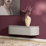 Zwevend tv-meubel met vier ladefronten en afgeronde bovenrand, beige/wit meubel