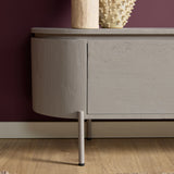 Zwevend tv-meubel close-up van ladefront en poot, beige/wit met subtiele nerf