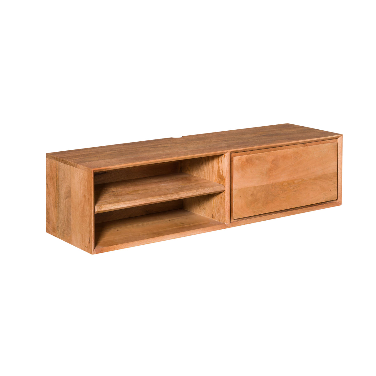 Zwevend tv-meubel naturel hout, open vak links en lade rechts, zijaanzicht, 120 cm