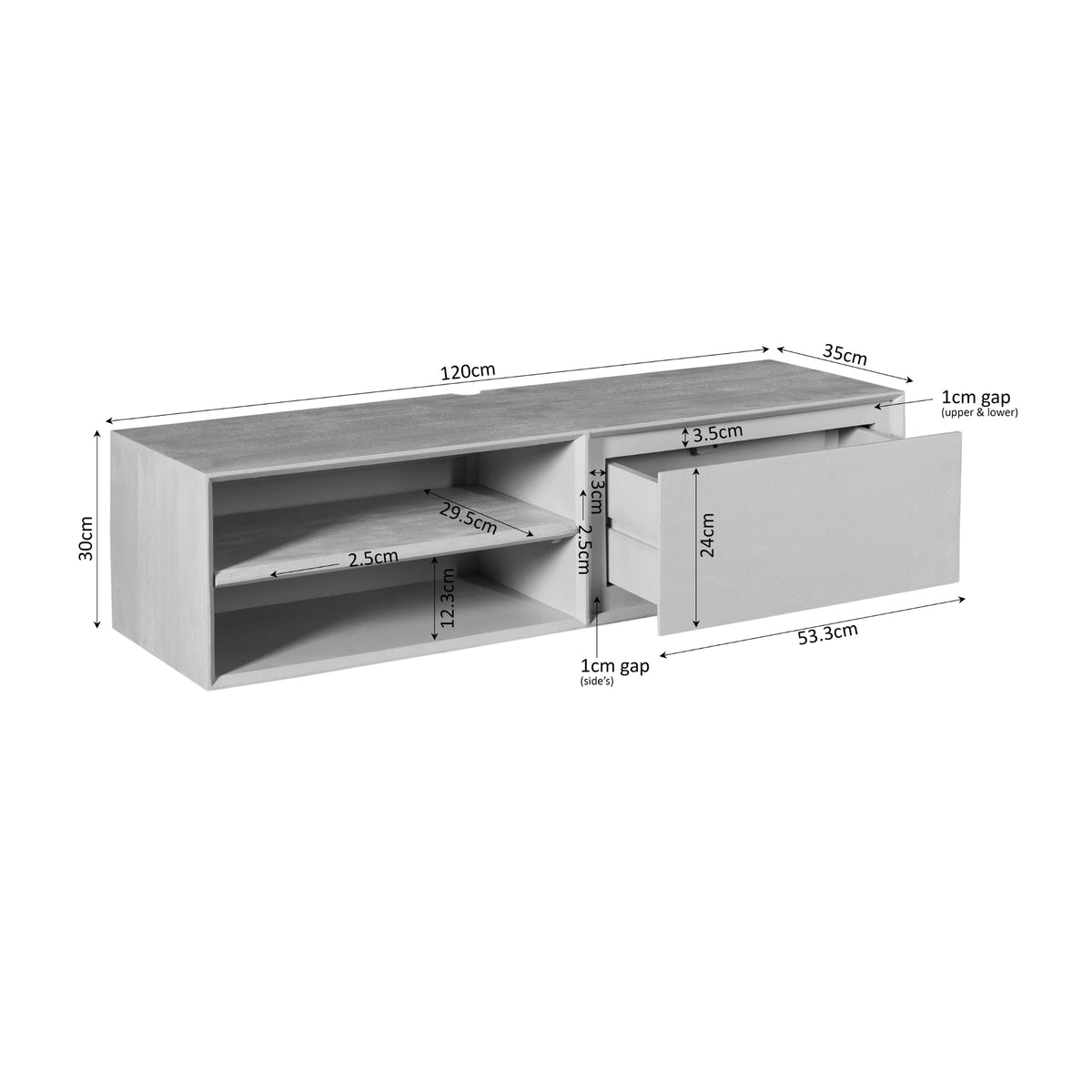 Zwevend tv-meubel met open vak en ladefronten, 120 cm breed, houtkleurig