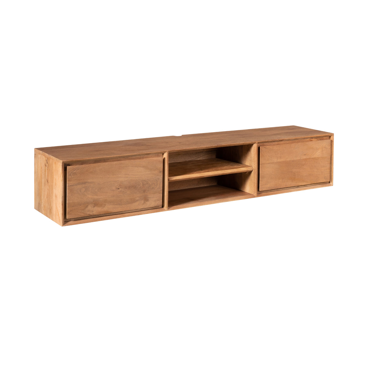 Tv-meubel in naturel hout met open middencompartiment en twee schuiflades